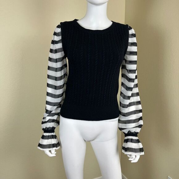 Maeve Women's Size S Black Contrast Sheer Sleeve Cable Knit Striped Sweater Goth - Picture 7 of 16